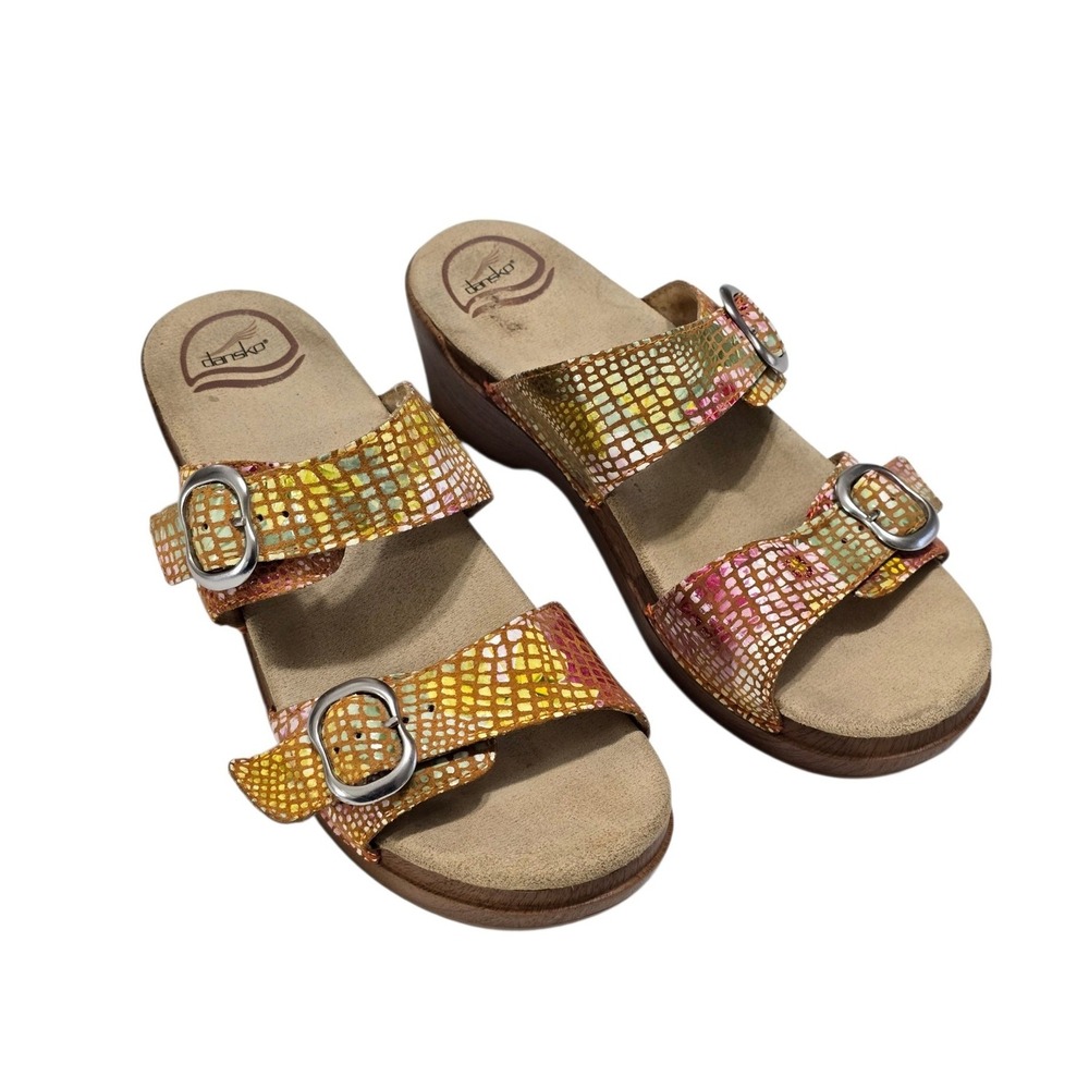 Dansko Multi-Color Mosaic Leather Buckle Slide Wedge Sandals Size 39